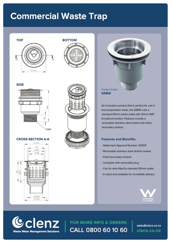 Solid Sink Basket Waste Trap Specification sheet